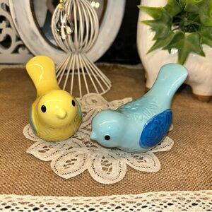 Ceramic Love Bird Salt And Pepper Set 4" blue & yellow birds Amici Home cracklin